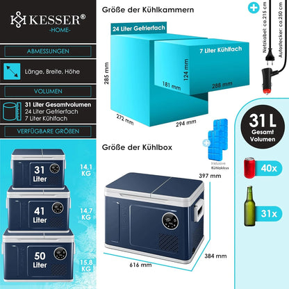 KESSER® Kompressor Kühlbox 2in1 Doppelzone Kühl & Gefrierfach elektrische Gefrierbox mit 2x Kühlakkus & LED-Touch-Bedienung | Kühlschrank Kühlung bis -20 °C für Camping, Auto, Lkw 12/24V 230V