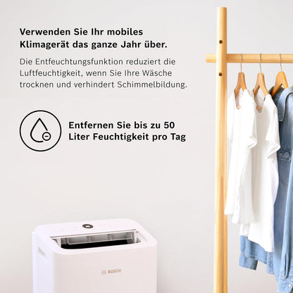 Bosch Cool 4000 Mobiles Klimagerät - 3-in-1: Klimagerät, Luftentfeuchter, Ventilator - 2,6 kW für Räume bis zu 35m² - Mit Auto-Modus, Silent-Modus & Sleep-Modus