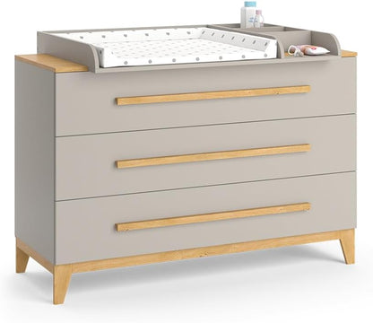 VitaliSpa Wickelkommode Malia, Weiß/Eiche, 133 x 98 cm XL mit 3 Schubladen