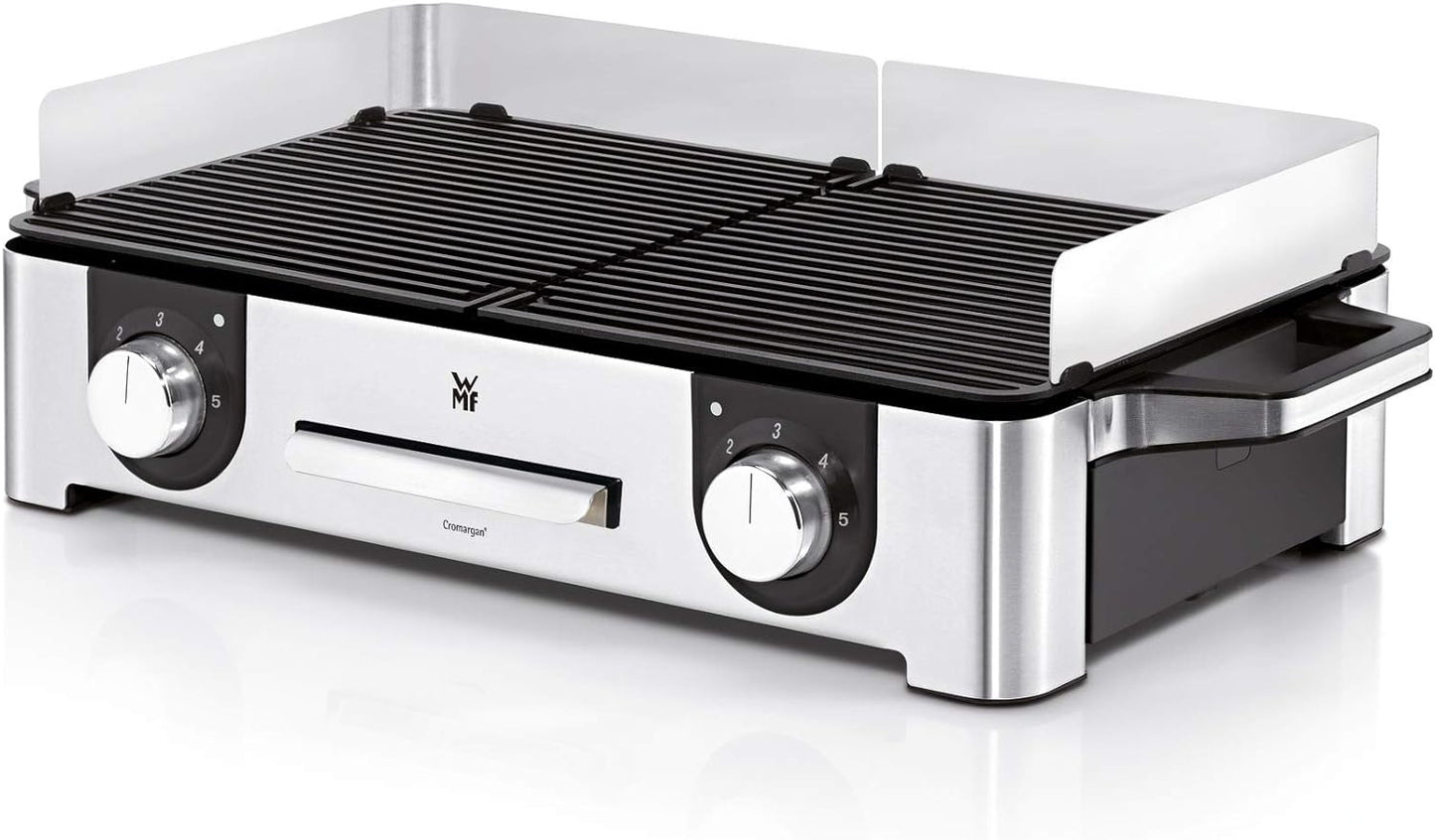 WMF Lono Master-Grill, Elektrogrill, 50x28 cm, Elektrogrill Tischgrill mit Windschutz und Auffangschale, Outdoorzertifiziert für Barbecue, 2 getrennt regulierbare Grillflächen, 2400 W, edelstahl matt