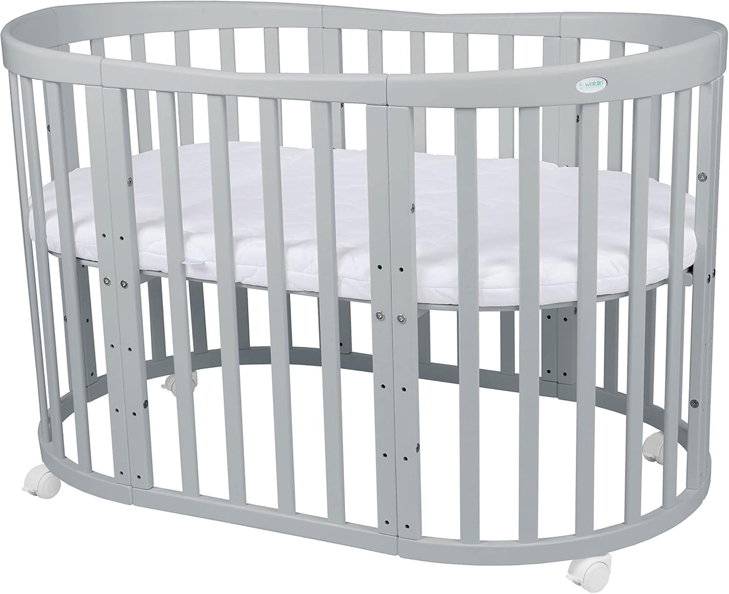 Waldin Oval Baby-Bett Mitwachsend Komplett Set 7in1, Gitterbett, Kinderbett mit Matratze, Wickelkommode, Beistellbett, Holz Weiß