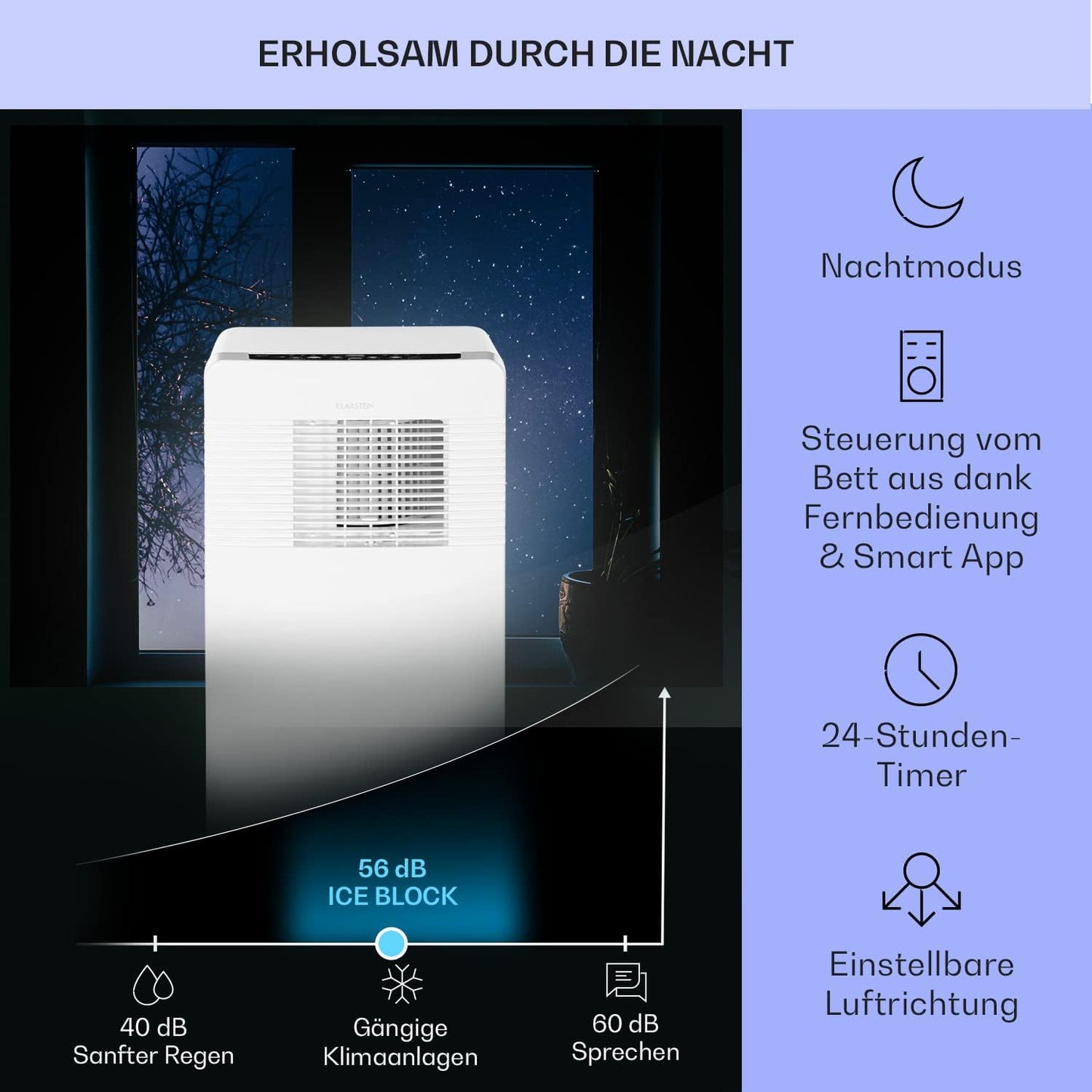 Klarstein Mobile Klimaanlage mit Abluftschlauch, 3-in-1 Klimagerät mit Ventilator, Luftentfeuchter & Nachtmodus, Kleine & Portable Klimaanlage für Wohnung & Büro, 12000 BTU Niedrig Verbrauch