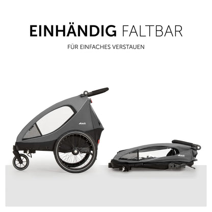 hauck Fahrradanhänger & Kinderwagen Dryk Duo Plus mit Federung, für 2 Kinder (6-48 Monate), inkl. Deichsel, Buggyrad, Fahne und LED Licht, Faltbar, Höhenverstellbar, XL Kofferaum (Dark Green)