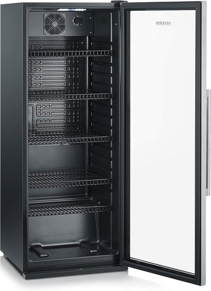 SEVERIN Flaschenkühlschrank, mit integriertem Schloss und integrierter LED-Beleuchtung, 118 L Nutzinhalt, schwarz/silber, FSK 8840