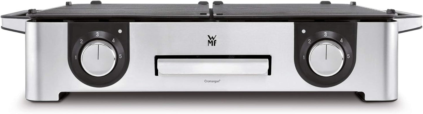 WMF Lono Master-Grill, Elektrogrill, 50x28 cm, Elektrogrill Tischgrill mit Windschutz und Auffangschale, Outdoorzertifiziert für Barbecue, 2 getrennt regulierbare Grillflächen, 2400 W, edelstahl matt