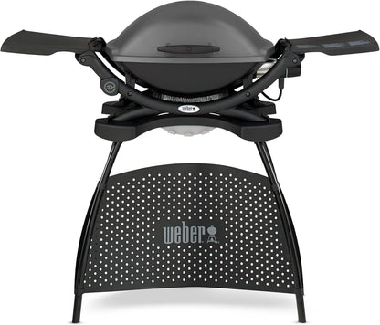 Weber Q2400 Elekrogrill mit Stand + Seitentischen, 54 x 39cm Grillfäche, portable, 2-geteilter porzellanemaillierter Guss-Grillrost, Aluminiumguss Deckel & Gehäuse - Dark Grey (55020879)
