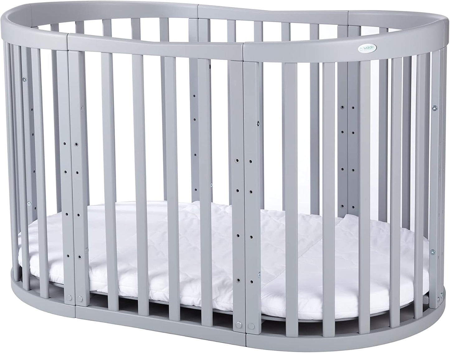 Waldin Oval Baby-Bett Mitwachsend Komplett Set 7in1, Gitterbett, Kinderbett mit Matratze, Wickelkommode, Beistellbett, Holz Weiß