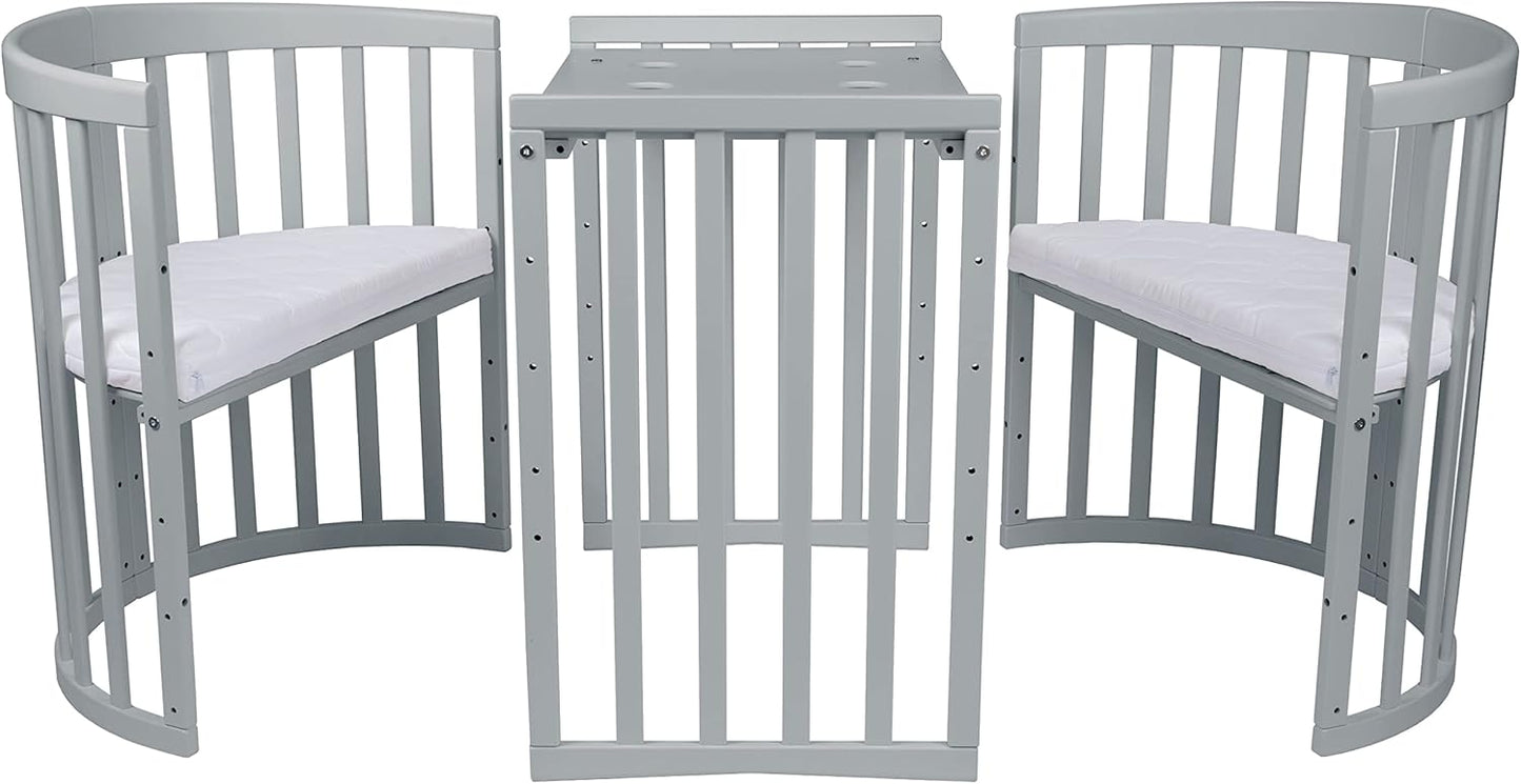 Waldin Oval Baby-Bett Mitwachsend Komplett Set 7in1, Gitterbett, Kinderbett mit Matratze, Wickelkommode, Beistellbett, Holz Weiß