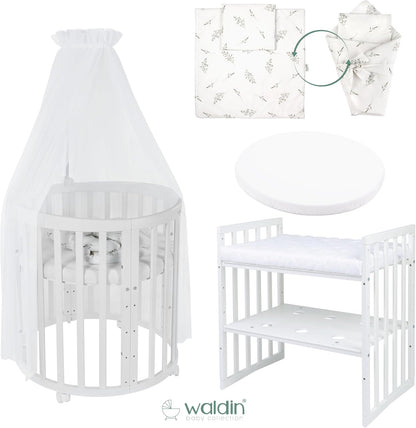 Waldin Oval Baby-Bett Mitwachsend Komplett Set 7in1, Gitterbett, Kinderbett mit Matratze, Wickelkommode, Beistellbett, Holz Weiß