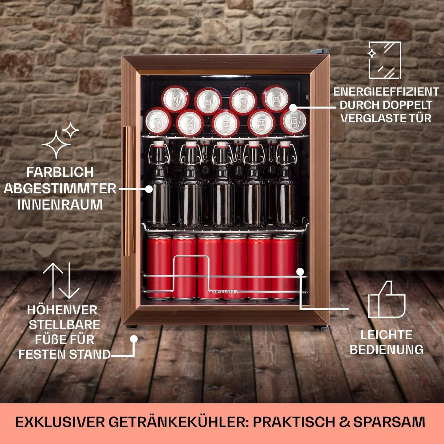 Klarstein Mini Kühlschrank mit Glastür für Zimmer, Getrnkekühlschrank mit Verstellbaren Ablagen, Kleiner 80 Liter, Indoor/Outdoor Kühlschrank Leise