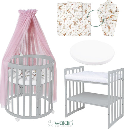 Waldin Oval Baby-Bett Mitwachsend Komplett Set 7in1, Gitterbett, Kinderbett mit Matratze, Wickelkommode, Beistellbett, Holz Weiß