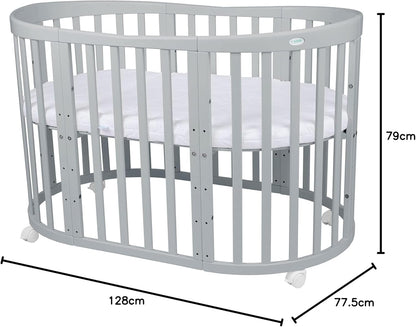 Waldin Oval Baby-Bett Mitwachsend Komplett Set 7in1, Gitterbett, Kinderbett mit Matratze, Wickelkommode, Beistellbett, Holz Weiß