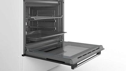 Bosch HKR39C250 Serie 4 Elektro-Standherd, 60 cm breit, EcoClean Direct Reinigungshilfe, 3D Heißluft Backen auf 3 Ebenen, LED-Display-Steuerung, erweiterbare Kochzone für großes Kochgeschirr