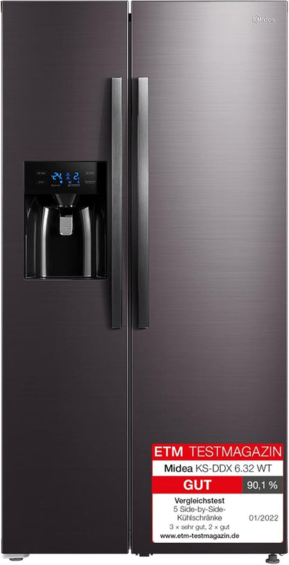 Midea KS-DDX 6.32 WT Side-by-Side Kühl-/Gefrierkombination/ 178,8 cm Hhe/ 254 kWh/Jahr/No Frost/Dual Inverter Compressor/mit 3in1 Wasser-/Eisspender und Wassertank, Dark Inox