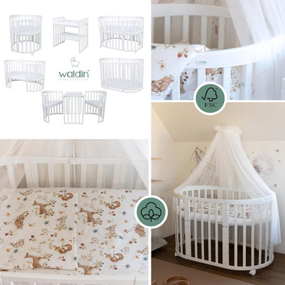 Waldin Oval Baby-Bett Mitwachsend Komplett Set 7in1, Gitterbett, Kinderbett mit Matratze, Wickelkommode, Beistellbett, Holz Weiß