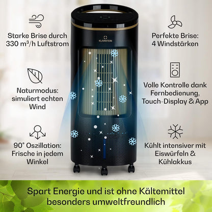 Klarstein Luftkühler mit Wasserkühlung, Leiser 4-in-1 Verdunstungskühler, Luftbefeuchter, Ventilator & Nachtmodus, Mobile Klimageräte Luftkühler 7L, 65W Air Cooler, 330m³/h Kühlender Luftstrom