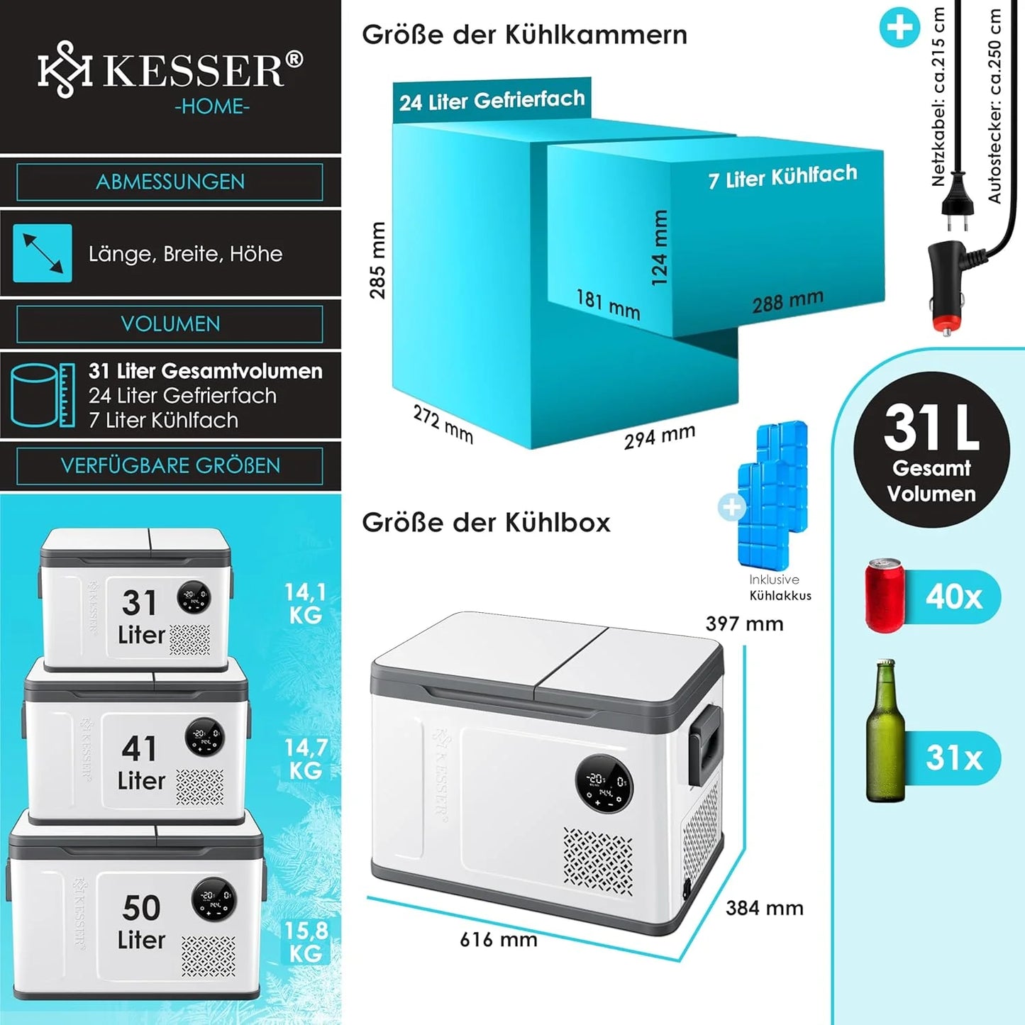 KESSER® Kompressor Kühlbox 2in1 Doppelzone Kühl & Gefrierfach elektrische Gefrierbox mit 2x Kühlakkus & LED-Touch-Bedienung | Kühlschrank Kühlung bis -20 °C für Camping, Auto, Lkw 12/24V 230V