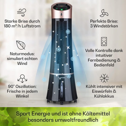 Klarstein 4-in-1: Smart Luftkühler, Ventilator, Luftbefeuchter & Ionisation I 6 L Wassertank, Oszillation, 30 W, 210 m³/h, Timer I Klimagerät ohne Abluftschlauch, Mobiles Klimagerät, Schwarz-Rosegold