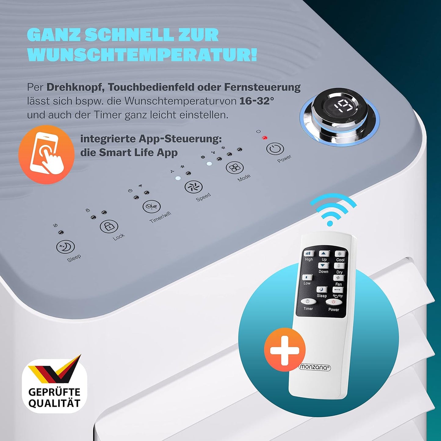 Monzana lokale Klimaanlage MZKA2000 Mobil Abluftschlauch 7000BTU 3in1 750W 24h Timer 25qm Fernbedienung Luftentfeuchter Rollladenkit Klimagerät
