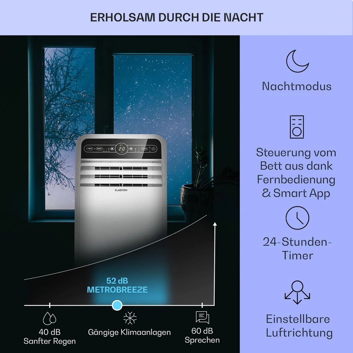 Klarstein Mobile Klimaanlage mit Abluftschlauch, 4-in-1 Klimagerät mit Ventilator, Luftentfeuchter & Nachtmodus, Kleine & Portable Klimaanlage für Wohnung & Büro, Niedriger Verbrauch, 9000 BTU