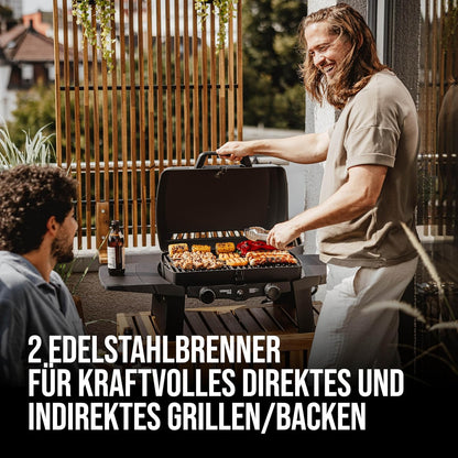 EndersGasgrill Urban II Pro, Tischgrill, Grillen-, Kochen- und Backen Funktion, 2 Brenner Edelstahl, mit Grill-Thermometer, Balkon-, Camping-Grill, Aluguss-Gehäuse, Gusseisen-Rost, #2062