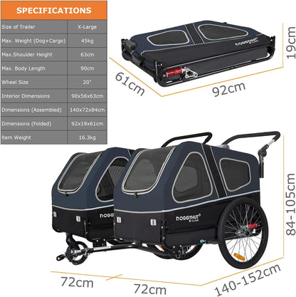 Doggyhut S-Line XL Hundeanhänger & Hundebuggy mit Federung 2 in 1 Hunde Fahrradanhänger Jogger gefedert bis 45 kg