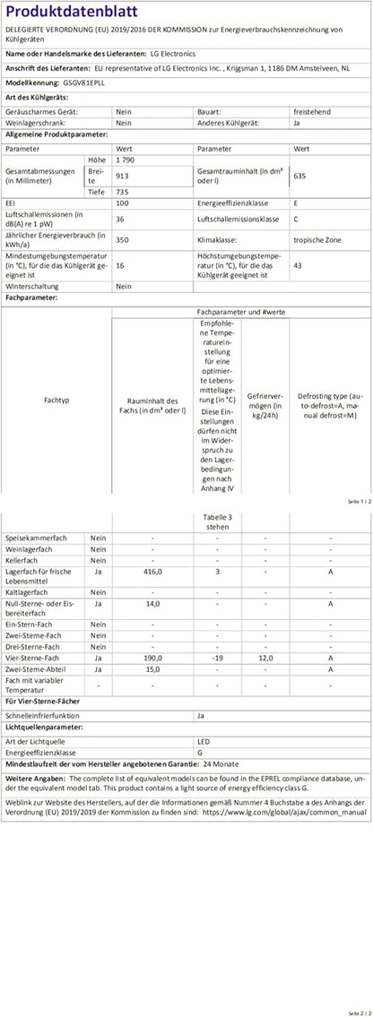 LG GSGV81PYLL Side by Side Kühlschrank, Klasse E, 635 L, Instaview, Kühlschrank mit Gefrierfach, Eis-, Crushed Ice- Wasserspender, Total NoFrost, Smart Inverter Kompressor, Wi-Fi