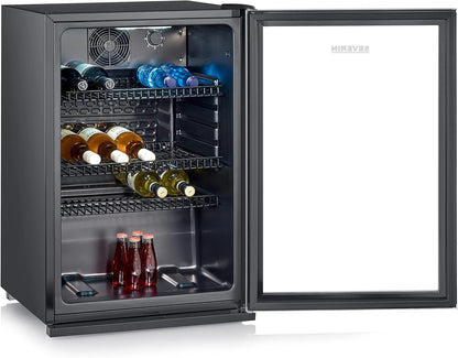 SEVERIN Flaschenkühlschrank, mit integriertem Schloss und integrierter LED-Beleuchtung, 118 L Nutzinhalt, schwarz/silber, FSK 8840