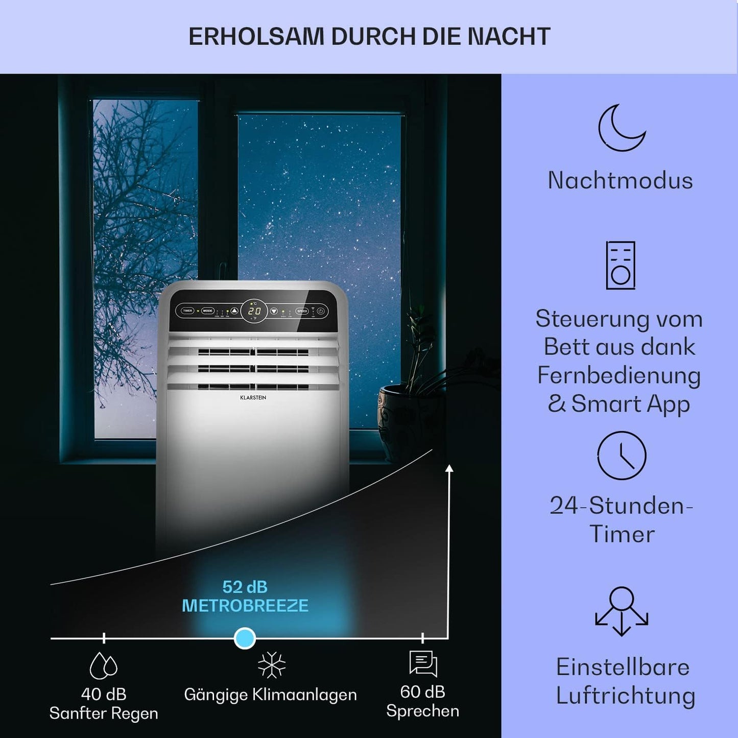 Klarstein Mobile Klimaanlage mit Abluftschlauch, 4-in-1 Klimagerät mit Ventilator, Luftentfeuchter & Nachtmodus, Kleine & Portable Klimaanlage für Wohnung & Büro, Niedriger Verbrauch, 9000 BTU