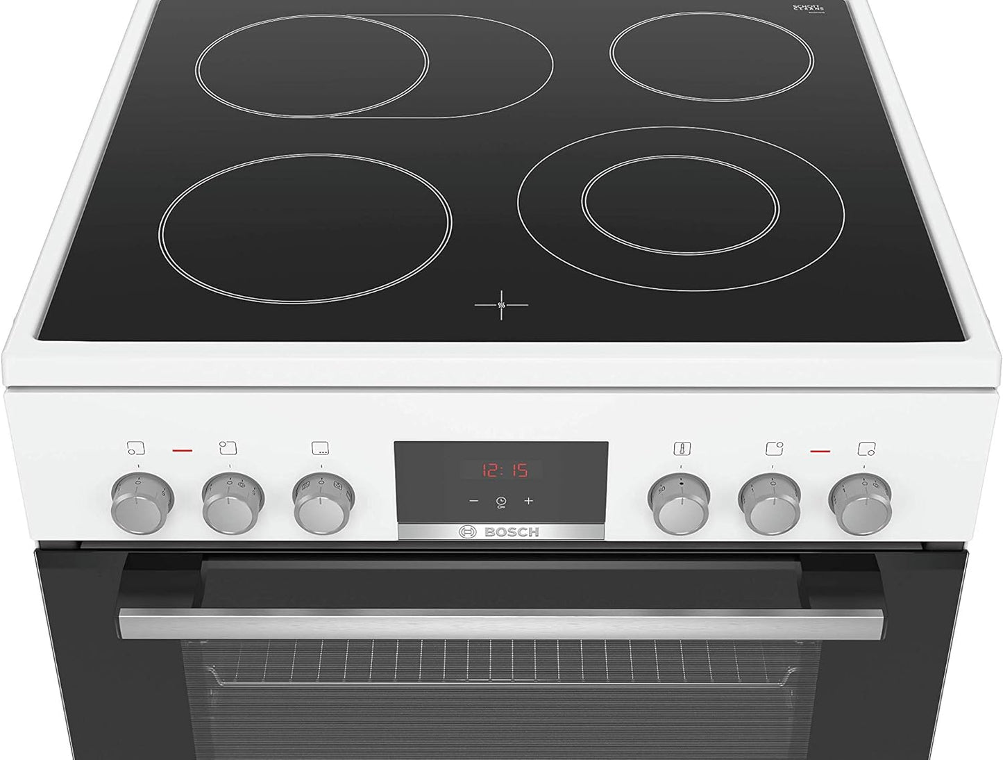 Bosch HKR39C250 Serie 4 Elektro-Standherd, 60 cm breit, EcoClean Direct Reinigungshilfe, 3D Heißluft Backen auf 3 Ebenen, LED-Display-Steuerung, erweiterbare Kochzone für großes Kochgeschirr