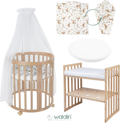 Waldin Oval Baby-Bett Mitwachsend Komplett Set 7in1, Gitterbett, Kinderbett mit Matratze, Wickelkommode, Beistellbett, Holz Weiß