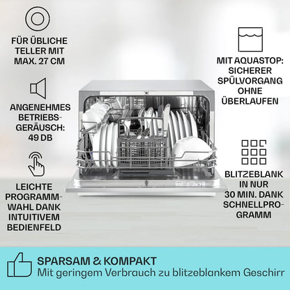 Klarstein  ia 8 - Spülmaschine, Geschirrspüler, Freistehend, Teilintegriert, F, 55 cm breit, 8 Maßgedecke, 6 Programme, Aquastop, silber