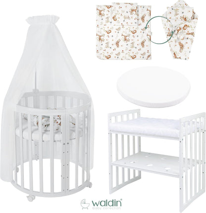 Waldin Oval Baby-Bett Mitwachsend Komplett Set 7in1, Gitterbett, Kinderbett mit Matratze, Wickelkommode, Beistellbett, Holz Weiß