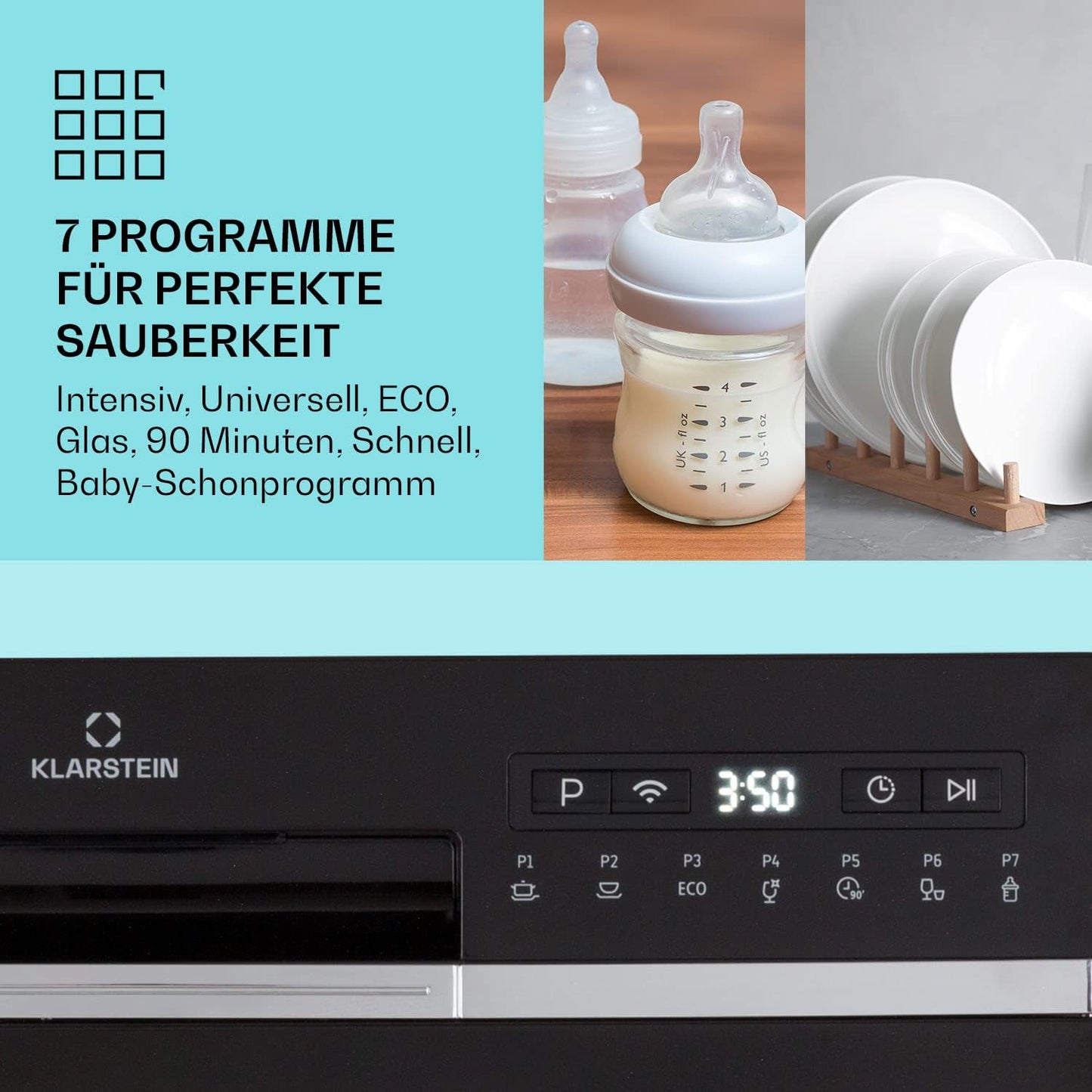 Klarstein  ia 8 - Spülmaschine, Geschirrspüler, Freistehend, Teilintegriert, F, 55 cm breit, 8 Maßgedecke, 6 Programme, Aquastop, silber